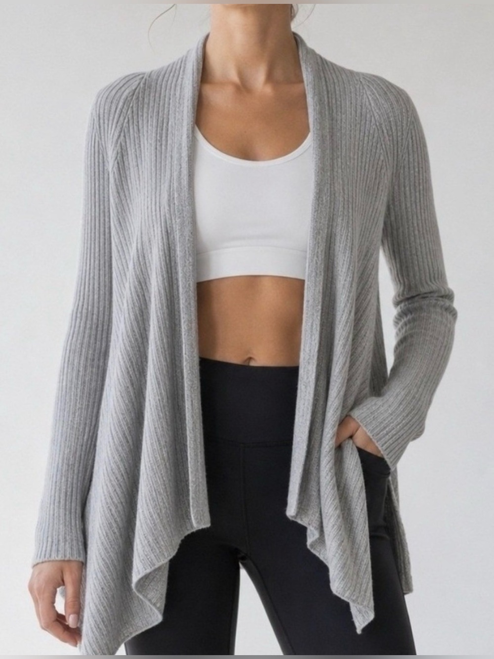 Athleta Solstice Merino Wrap Cardigan Sweater size XL grey ribbed knit